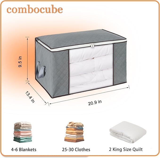 combocube 6 Pack Closet Organizers and Storage Containers, Clothes Storage Bins, Storage Bags with Large Clear Window & Handles for Comforter, Pillow, Quilt, Bedding, Clothes