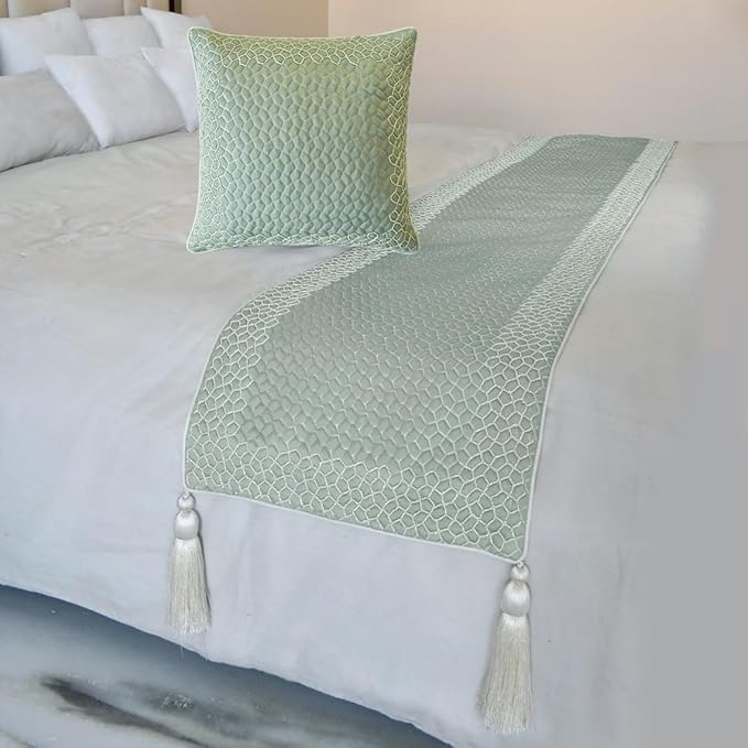 The HomeCentric King/Queen/Twin Blue Designer Queen 74"x18" Bed Runner with Pillow Cover, Mosaic, Bead Embroidery, Handmade, Tassels Bed Scarf on Jacquard Fabric - Tessellation Blue