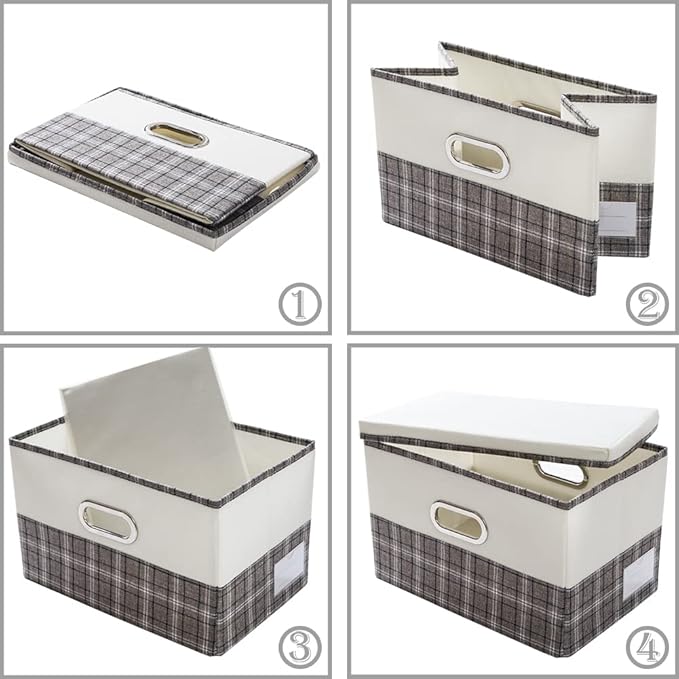 PRANDOM Large Collapsible Storage Bins with Lids [3-Pack] Fabric Foldable Storage Boxes Organizer Containers Baskets Cube with Cover for Home Bedroom Closet Office Gray plaid & Cream(17.7x11.8x11.8)