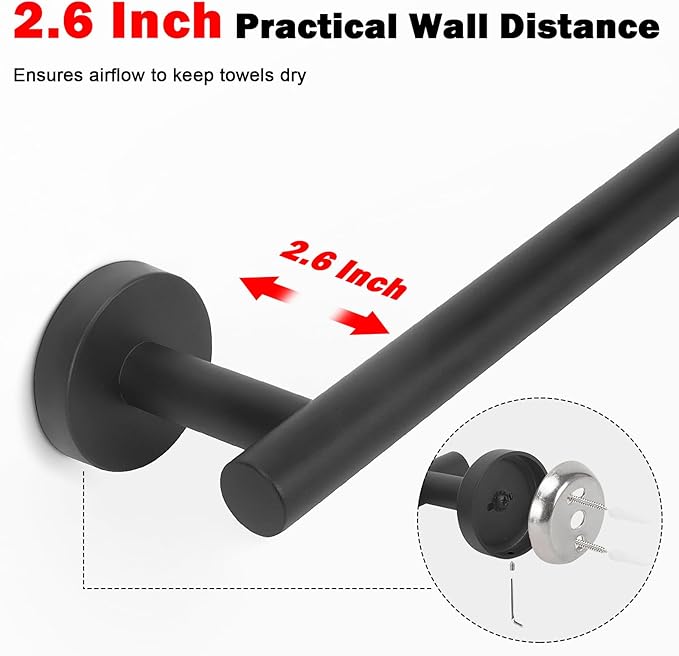Livabber Bath Towel Bar, 304 Stainless Steel Towel Rack, Heavy Duty Towel Holder Wall Mounted for Bathroom/Kitchen, Usable Hanging Length-13.4 Inch, Total Length-16 Inch (Black)