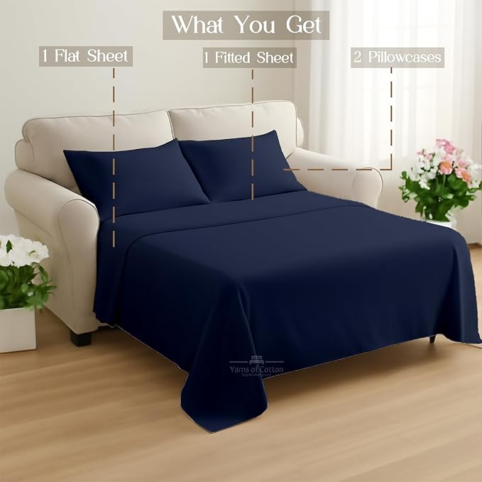 Sleeper Sofa 4 Piece Bed Sheet Set Premium Quality 100% Cotton 500 Thread Count, Smooth & Super Soft Sateen Weave, Extra Soft Bed Sheets, Wrinkle Free, 4 Inch Deep Pocket (Twin, Navy)