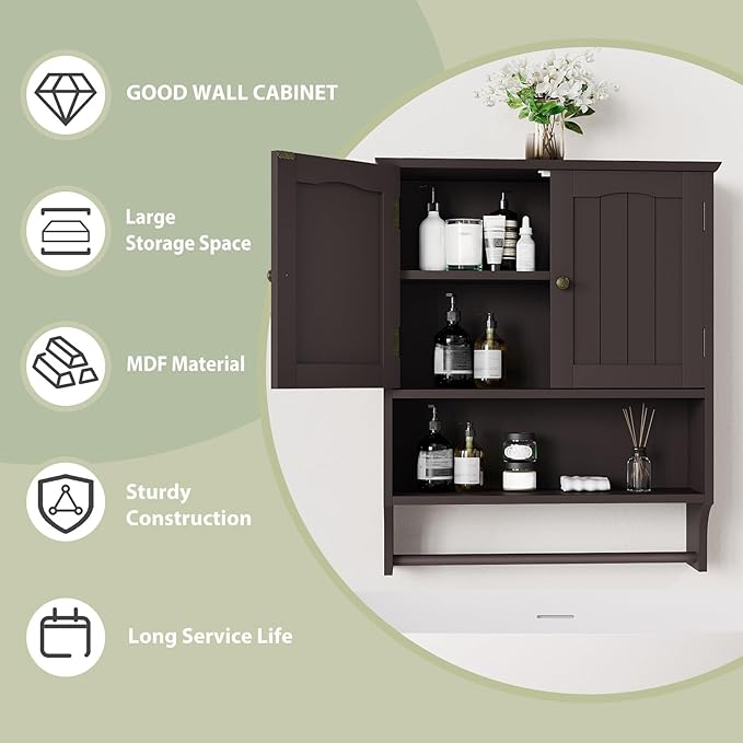 Smuxee Brown Wall Cabinet with Towel Bar - Medicine Cabinet with Adjustable Shelves, Over Toilet Cabinet for Laundry Room Kitchen
