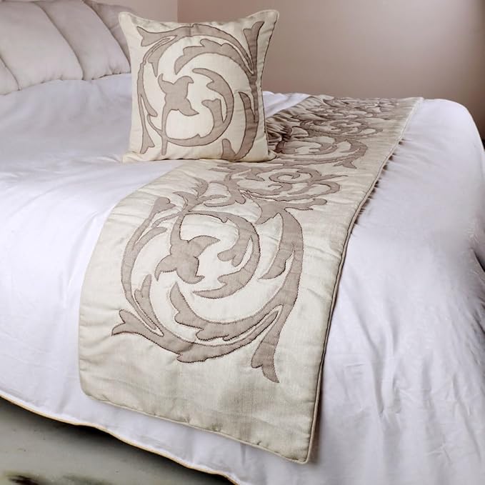 The HomeCentric Handmade Ivory & Beige King 90 x 18 inch Bed Runner with 2 Matching Pillow Cover, Linen Lurex Applique Bed Scarf, Abstract Modern - Pretty Dainty
