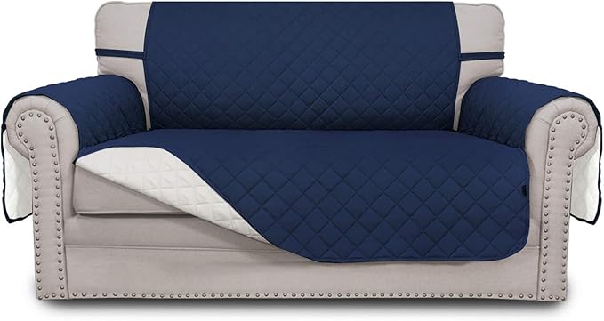 Easy-Going Reversible Loveseat Couch Cover for 2 Cushion Couch Sofa Cover for Dogs Water Resistant Furniture Protector with Foam Sticks Elastic Straps for Pet (Loveseat, Navy/Ivory)