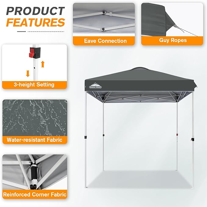 EAGLE PEAK Pop Up Canopy Tent with Wheeled Carry Bag, 8 Stakes, 4 Ropes, Easy Set Up Tent Canopy, 6.6x6.6 ft, Gray