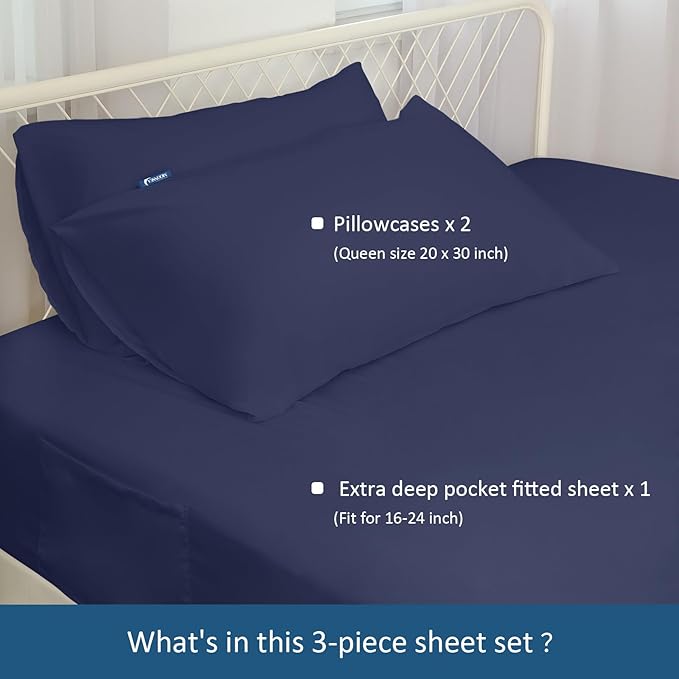 Full Sheet Set for Air Mattress - Deep Pocket Full Size Bed Set - Sheets with Pockets on Side - Easily Fits Extra Deep 16 in to 24 in Pillow Top Air Mattress - Navy Blue