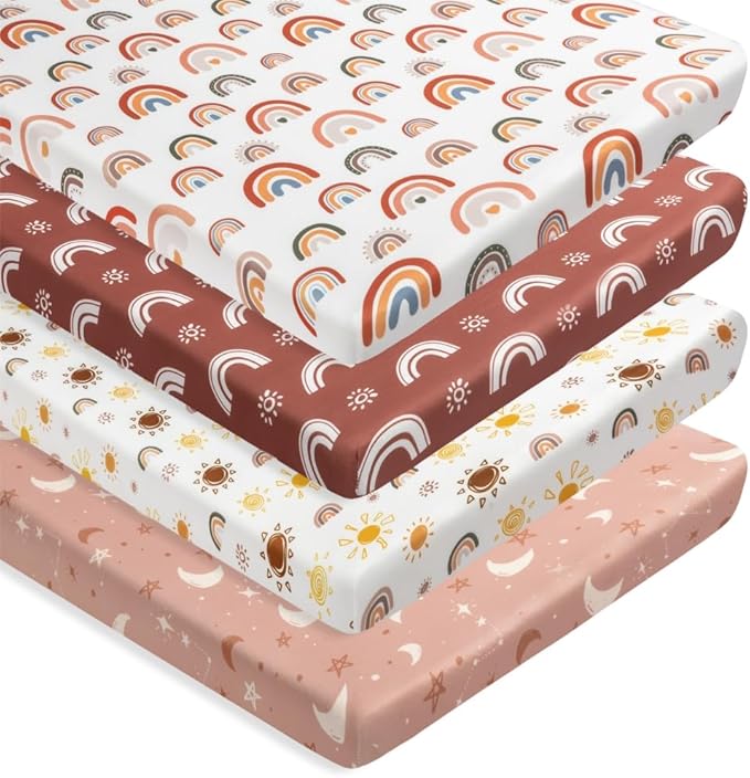 Jola's House 4 Pack N Play Sheets - Mini Crib Sheets Boho Nursery Sheets, Sunshine & Rainbow Design - Neutral Unisex Fitted Baby Crib Sheets for Baby Boys or Girls