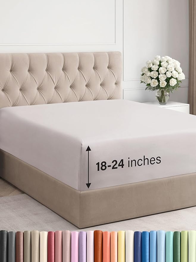 Extra Deep King Fitted Sheet - Hotel Luxury Single Fitted Sheet Only - Easily Fits 18 inch to 24 inch Mattress - Ultra Soft, Wrinkle & Fade Free w/Extra Deep Pockets - Breathable & Comfy - Light Grey