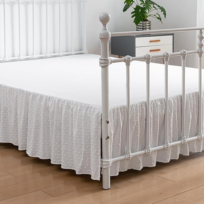 Tufted Dot Bed Skirt Full Size Ruffled Bed Skirt with Split Corners, 14 Inch Drop Dust Ruffle Bed Skirts with Platform, White