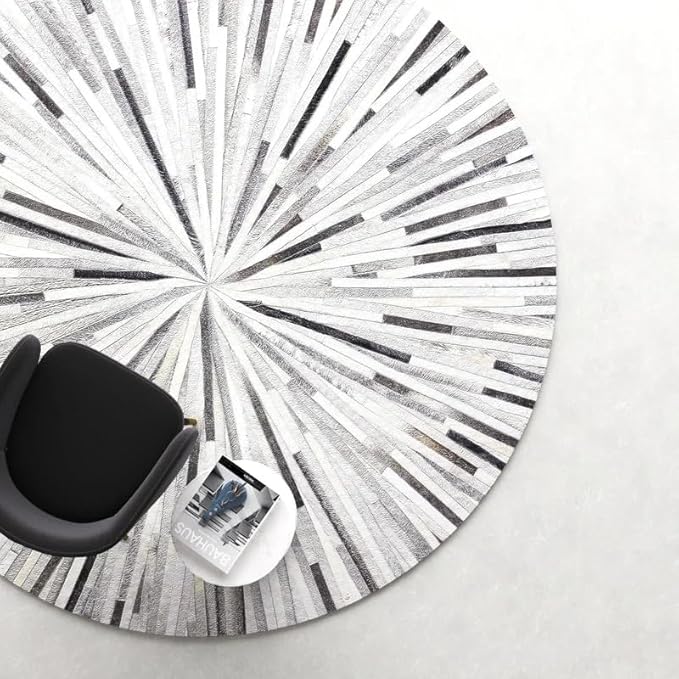 Faux Cowhide Round Area Rug | Non-Slip Leather Floor Carpet for Living Room, Bedroom, and Home Décor | Modern Stylish Accent Rug(Grey_6x6)