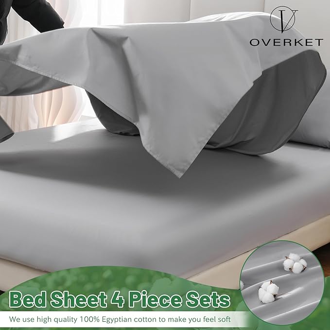 100% Egyptian Cotton Sheets Cal King Sheet Set 4PCS 1000 Thread Count Sateen Weave Soft Breathable 16-Inch Deep Pocket（California King,Grey）