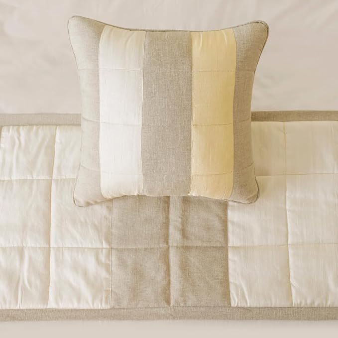 The HomeCentric King/Queen/Twin Beige Decorative King 90"x18" Bed Runner with Pillow Cover, Color Block, Patchwork, Quilted, Silk, Linen & Striped Bed Scarf on Linen & Silk Fabric - Alikka