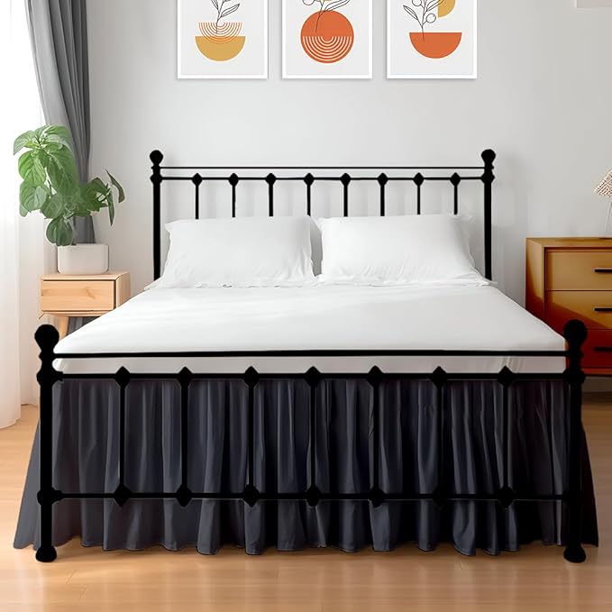 Shreem Linen Ruffled Bed Skirt with Split Corners, Gathered Style, 100% Microfiber, 18-Inch Drop, Dust Ruffle Bedskirt with Platform, Short Queen, Dark Grey