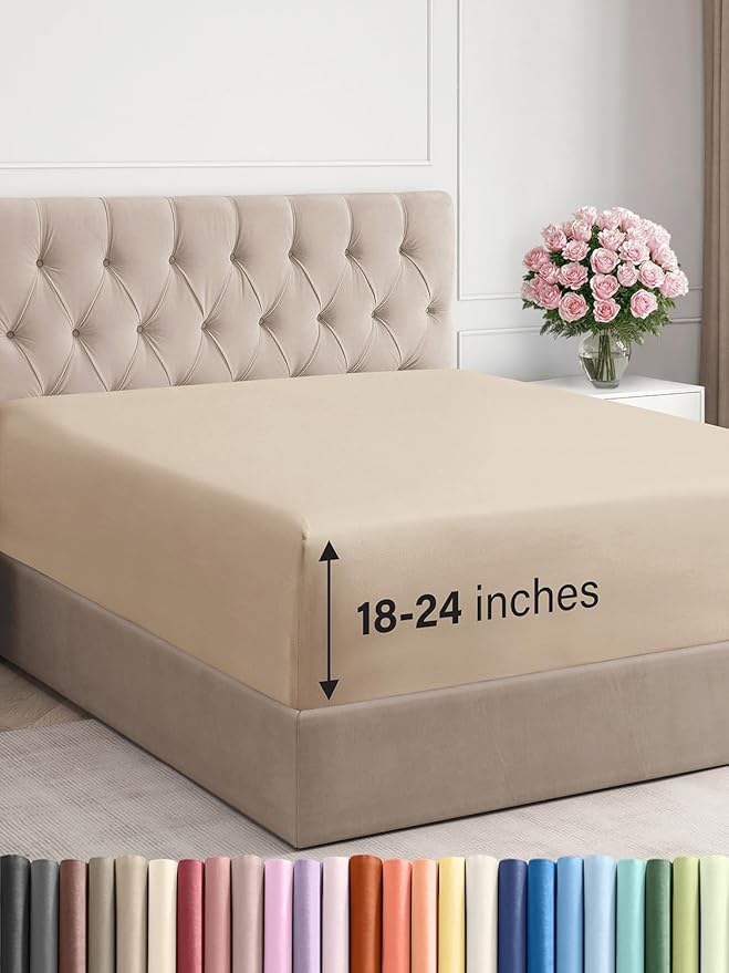 Extra Deep Queen Fitted Sheet - Hotel Luxury Single Fitted Sheet Only - Easily Fits 18 inch to 24 inch Mattress - Ultra Soft, Wrinkle Free w/Extra Deep Pockets - Easy-Care, Breathable & Comfy - Cream