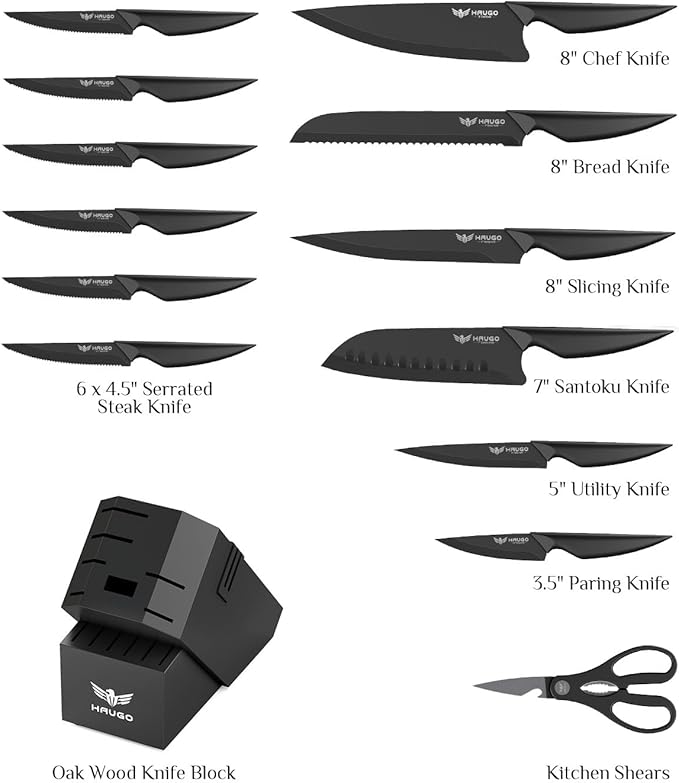 Haugo Kitchen Knife Set with Block: 15-Piece High Carbon Stainless Steel Professional Knives - Dishwasher Safe with Sharpener - Comfortable Grip Reduces Hand Fatigue 30% - Black