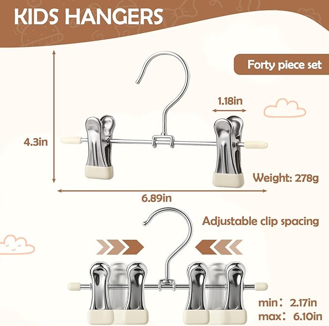 Mity rain40-Pack Baby Hangers - 360° Rotatable Silicone Clip Kid Hangers, Space-Saving Toddler Hanger,Premium Stainless Steel, Ideal for Newborn & Children Wardrobe Organization.