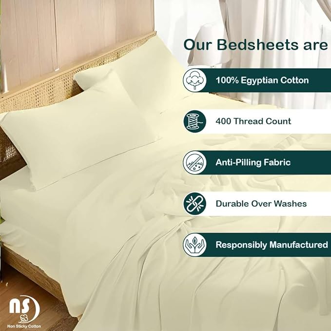 NON Sticky cotton Twin Size Sleeper Sofa Sheets, 4 Piece Egyptian Cotton Bed Sheet Set for Sofa Bed, 7" Deep Pocket for Pull Out Couch Mattress, 39" x 75", Ivory Solid, Soft & Breathable