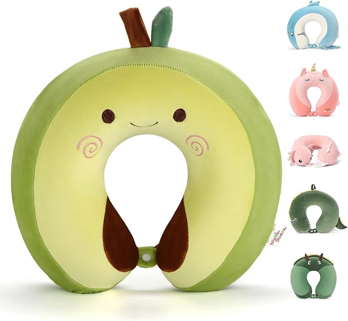 Niuniu Daddy Neck Pillow for Kids Teen Toddlers, Travel Accessories for Airplane, Car, Recline, Neck Chin Head Support, 100% Pure Memory Foam Insert, Cute Plush Travel Pillow Cover Washable - Avocado