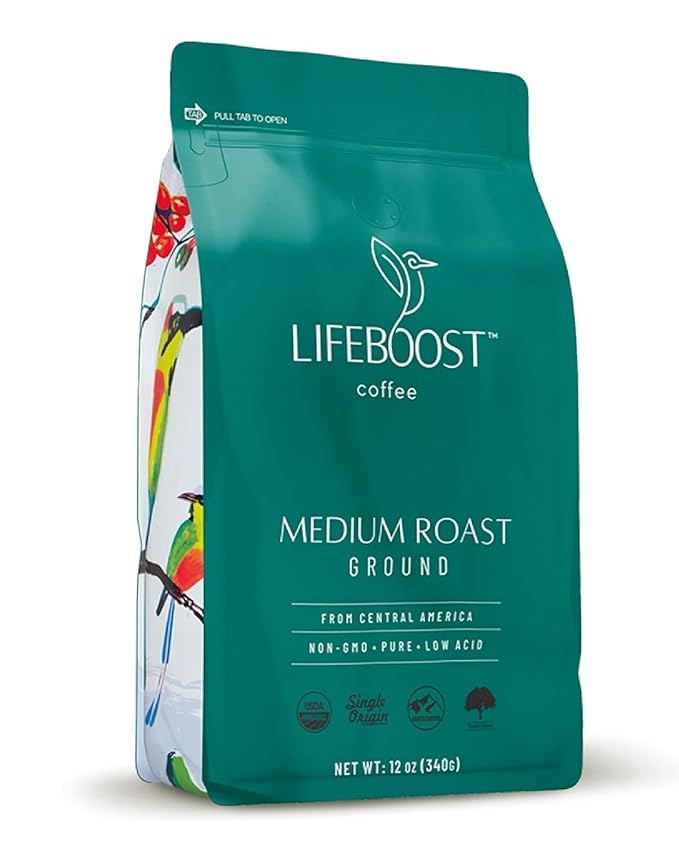 Lifeboost Medium Roast Low Acid Ground Coffee, Certified Organic, 12oz