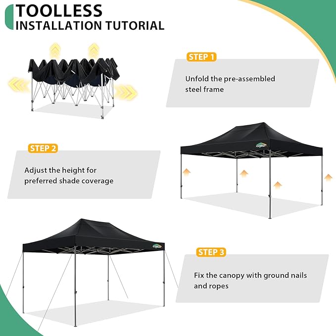 COBIZI 10x15 Heavy Duty Pop Up Canopy Tent with 4 Sidewalls Thicken Frame, Commercial Easy Up Outdoor Wedding Party Tents, All Season Waterproof Windproof with Stakes Sandbags Ropes Bag, Black