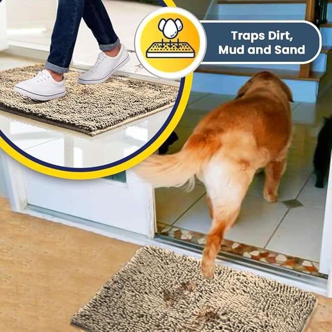 Muddy Mat® AS-SEEN-ON-TV Highly Absorbent Microfiber Door Mat and Pet Rug, Non Slip Thick Washable Area and Bath Mat Soft Chenille for Kitchen Bathroom Bedroom Indoor and Outdoor - Beige 5ft x 7ft