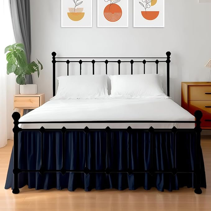 Shreem Linen Ruffled Bed Skirt with Split Corners, Gathered Style, 100% Microfiber, 10-Inch Drop, Dust Ruffle Bedskirt with Platform, King, Navy Blue