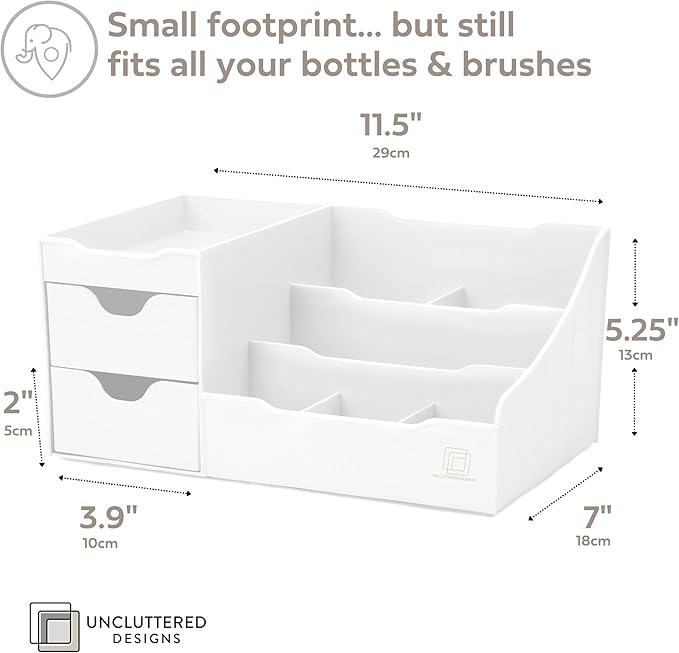 Uncluttered Designs Large Makeup Organizer for Vanity - Countertop Desk With Drawers for Cosmetic, Beauty, Hair, Nail, Perfume & Skincare - Perfect for Bathroom & Bedroom Storage (White)