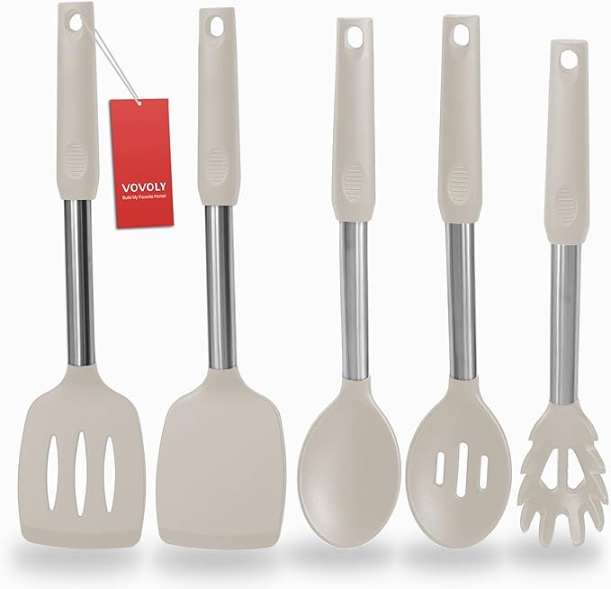 Silicone Spatula and Cooking Spoon,5 Pack Non-Stick Cooking Utensils for Kitchen，Heat Resistant Solid & Slotted Spoons and Spatulas, Stainless Steel Handle Coated with Silicone, Khaki