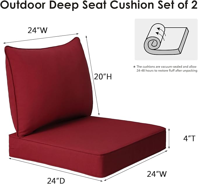 Outdoor Patio Chair Cushions Set, 24" x 24", Set of 2, Water-Repellent, Fade Resistant, Deep Seat Bottom and Back Cushion for Backyard, Couch, Sofa and Patio Furniture, Red