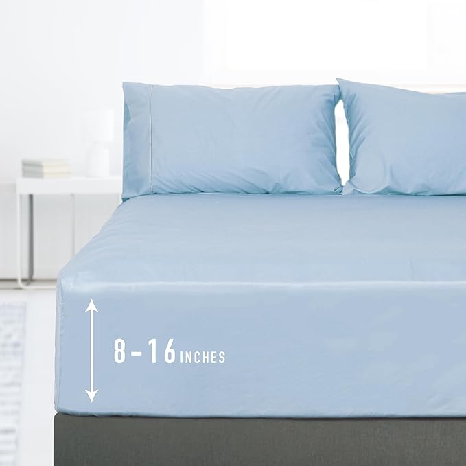 Sunflower Full Fitted Sheet, 1-Piece Deep Pocket Fitted Bottom Sheet 16", 100% Cotton Sateen Soft Breathable, Powder Blue