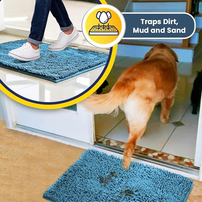Muddy Mat® AS-SEEN-ON-TV Highly Absorbent Microfiber Door Mat and Pet Rug, Non Slip Thick Washable Area and Bath Mat Soft Chenille for Kitchen Bathroom Bedroom Indoor and Outdoor - Sky Blue 24" x 72"