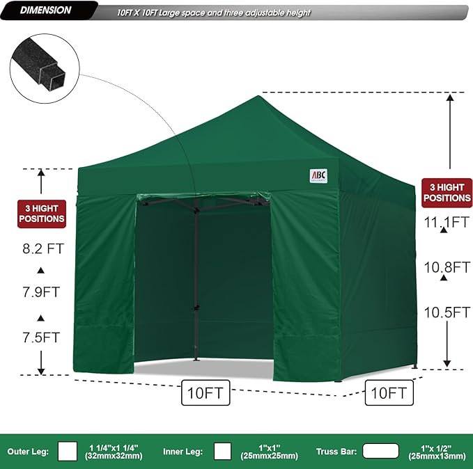 ABCCANOPY Heavy Duty Easy Pop up Canopy Tent with Sidewalls 10x10, Forest Green