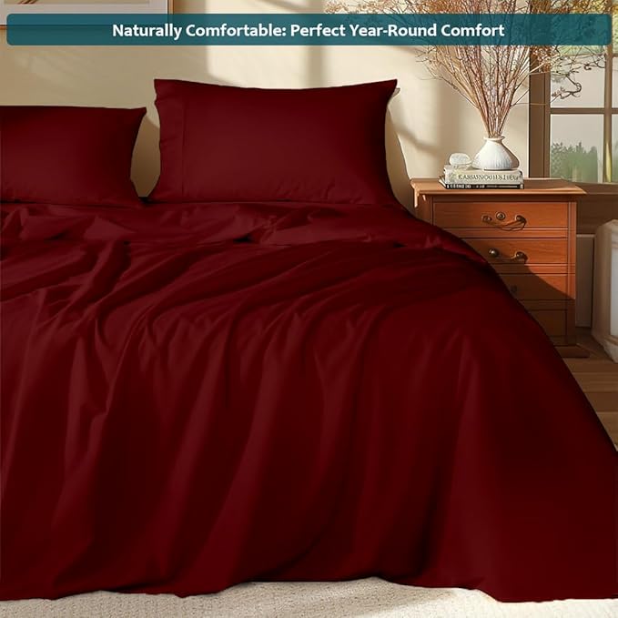 Deep Pocket King Sheets Set - Luxury 338 Thread Count Sateen, 100% Cotton Sheets with All Around Elastic for a, Hotel Quality Bedding Set (Burgundy Solid)