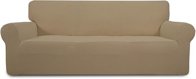 Easy-Going Stretch Oversized Sofa Slipcover 1-Piece Sofa Cover Furniture Protector Couch Soft with Elastic Bottom for Kids, Polyester Spandex Jacquard Fabric Small Checks Tan