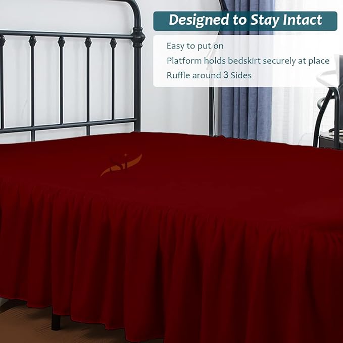 Shreem Linen Ruffled Bed Skirt with Split Corners, Gathered Style, 100% Microfiber, 12-Inch Drop, Dust Ruffle Bedskirt with Platform, Olympic Queen, Burgundy
