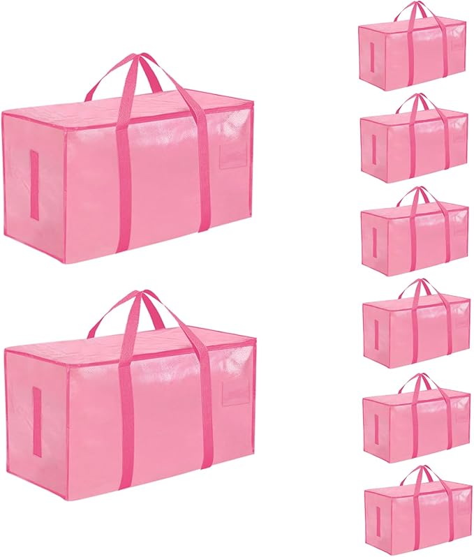 8 Pack-Extra Large Heavy Duty Moving Bags - Waterproof Storage Totes with Handles & Zippers, Foldable for College Dorm, Storage (Pink)