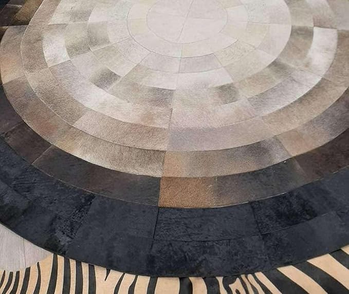 Round Faux Cowhide Leather Rug – Rustic Western Boho Farmhouse Concentric Rings Non-Slip Durable Faux Leather Round Area Carpet for Living Room Bedroom Office – Brown & White, 3×3ft