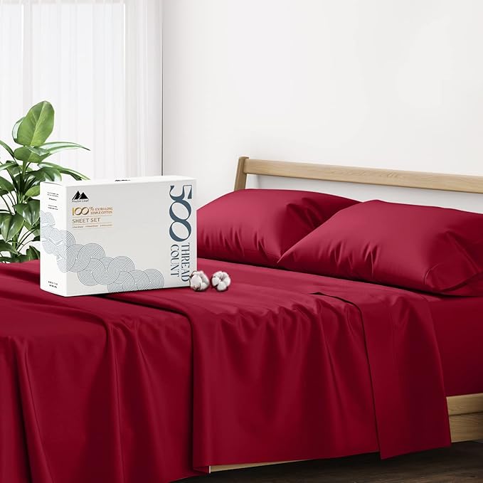 Mayfair Linen 500 Thread Count Split King Sheets Sets for Adjustable Bed - 5 PC Split King Size Bed Sheet Set Cotton (Burgundy), Soft, Cooling, Sateen 16" Deep Pocket Bedsheet (Fits 18" Mattress)