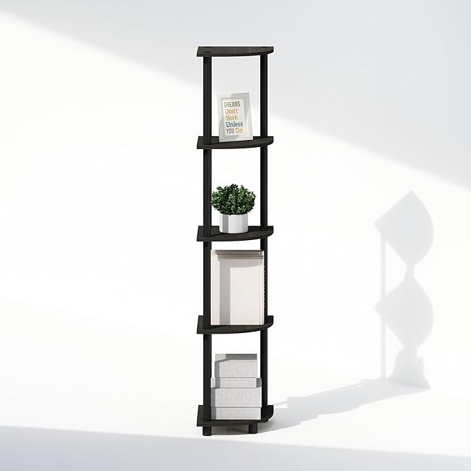 Furinno Turn-N-Tube Storage Shelves, 5-Tier Book Shelf, Corner Shelf, Toolless Open Shelves, for Organization and Storage, Living Room, Home Office, Hallway, Bedroom, Espresso