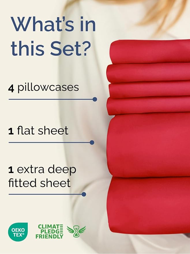 Extra Deep Queen Sheet Set - 6 Piece Breathable and Cooling Sheets - Hotel Luxury Bed Sheets Set - Easy & Secure Fit - Soft, Wrinkle Free and Comfy Sheets Set - Red Sheet Set with Extra Deep Pockets