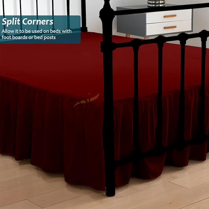 Shreem Linen Ruffled Bed Skirt with Split Corners, Gathered Style, 100% Microfiber, 15-Inch Drop, Dust Ruffle Bedskirt with Platform, Twin-XL, Burgundy