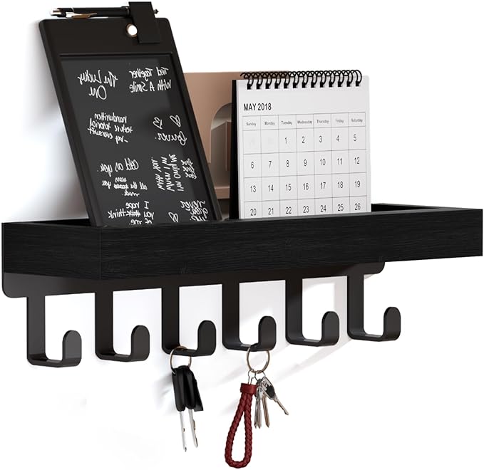 SWTYMIKI Key Holder Wall Mount - Wooden Key Hooks for Wall with Mail Organizer & 6 Hooks, 2 Installation Ways Key Hanger, Key Rack with Shelf for Entryway Living Room Bedroom Office Home Decor Black