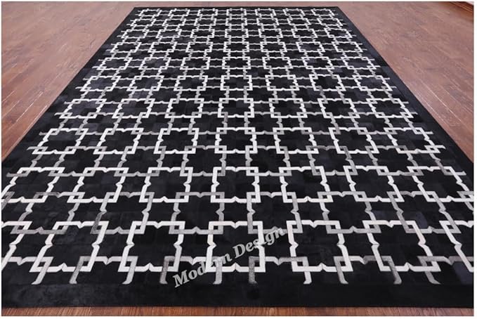 Modern Design Premium Cowhide Leather Carpet with Chevron Pattern, Area Rug (Black/Grey/White, 12x15)