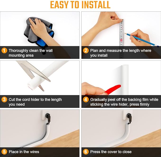 AUAUY 118" Cord Hider for Wall Mount TV, Self Adhesive Silicone Cord Covers, Flexible Hiding Wires on Wall, Cable Cover Raceway Kit for Wires, Home Office, Walls & Floors, White(0.55" W x 0.43" H)
