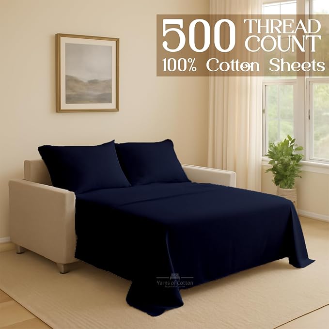 Sleeper Sofa 4 Piece Bed Sheet Set Premium Quality 100% Cotton 500 Thread Count, Smooth & Super Soft Sateen Weave, Extra Soft Bed Sheets, Wrinkle Free, 8 Inch Deep Pocket (Full, Navy)