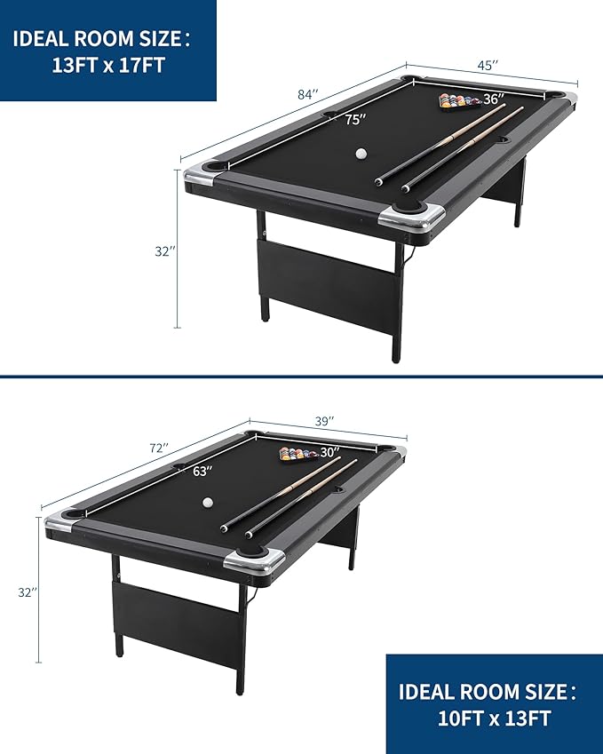 7 Foot Pool Table for Family, Foldable No Assembly Pool Table with Balls, Cues, Chalk, Rack & Brush, Portable Billiards Game Table for Apartment, Basement, Office & Game Room