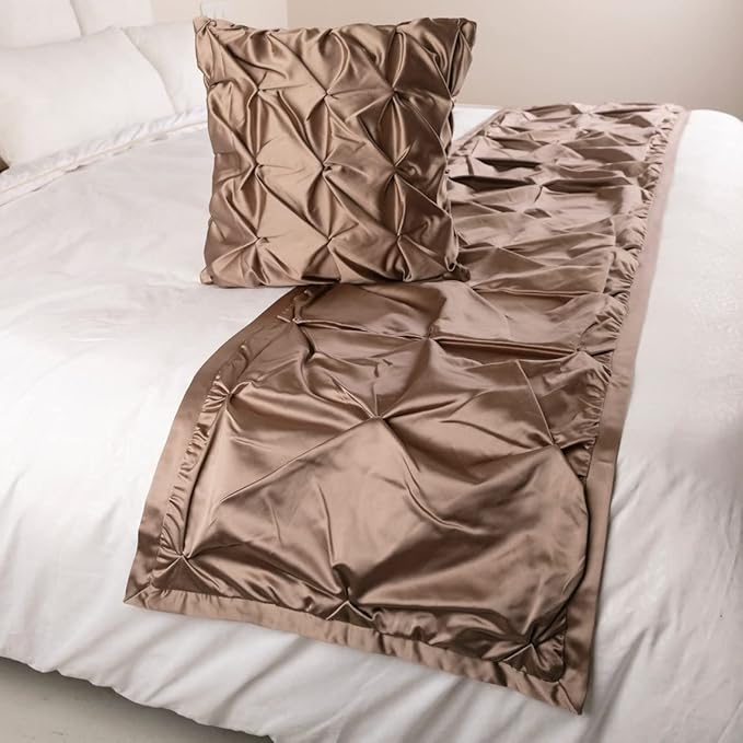 The HomeCentric Beige Bed Runner Without Pillow Cover, King Size 90"x18" Decorative Bed Runner, Beige Satin Bed Scarf in Pintucks - Satin Ballet Swirl