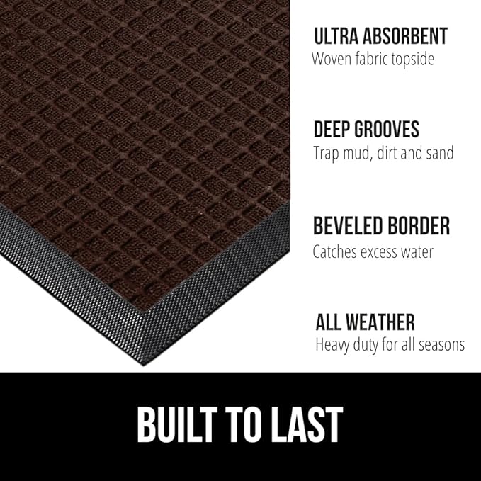 GORILLA GRIP 100% Waterproof All-Season WeatherMax Doormat, 60x24, US Designed Natural Rubber, Stain and Fade Resistant, Low Profile Indoor Outdoor Door Mats, Easy Clean Patio Mat, Coffee Squares