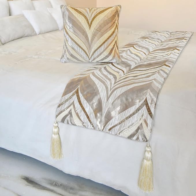 The HomeCentric King/Queen/Twin Ivory Luxury Twin 53"x18" Bed Runner with Two Pillow Cover, Bead Hand Embroidery Bed Scarf on Jacquard Fabric - Clarissa Serene