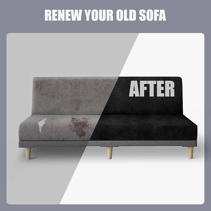 molasofa Leather Like Stretch Futon Slipcover Armless Futon Bed Sofa Cover Furniture Protector with Elastic Bottom, Soft and Washable Futon Cover for Sofa Bed Stay in Place（X Larger，Black）